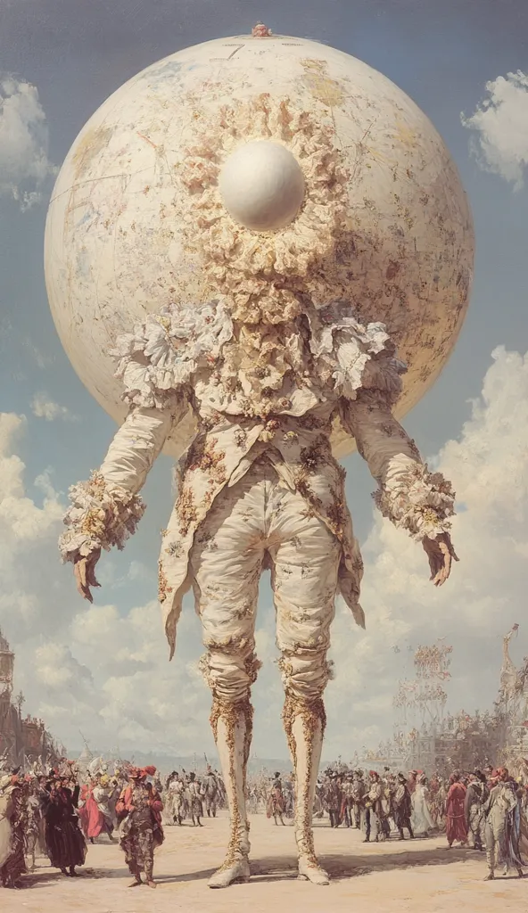 The image depicts a giant figure, seemingly made of plaster, holding a globe-shaped head above its shoulders. The figure is adorned in elaborate, ornate clothing with frills and lace, and stands amidst a crowd of smaller figures, all looking up in awe. The giant's head is a white sphere with a single, large eye, creating an uncanny and surreal scene. The overall effect is both monumental and unsettling, suggesting a powerful, perhaps even divine, presence.