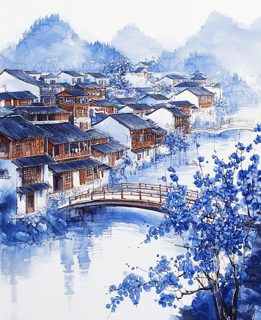 A watercolor painting depicts a peaceful village nestled amongst blue mountains.  The scene features traditional Chinese houses with tiled roofs and a wooden bridge spanning a tranquil river.  The water reflects the soft blue sky and the surrounding trees, creating a serene and ethereal atmosphere.  Blue blossoms add a touch of vibrancy to the composition.