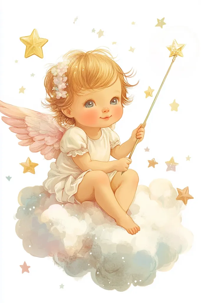 A cherubic angel, with golden blonde hair and a white dress, sits on a fluffy cloud holding a golden star-tipped wand. The angel's delicate pink wings are outstretched and she is surrounded by a sprinkling of small gold stars. Her gaze is directed upwards, as if she is looking at something wondrous. The image is full of innocence and purity.