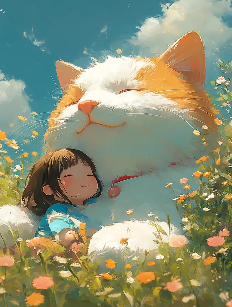 A young girl with brown hair and a blue shirt is nestled in the fur of a large, white and orange cat. The cat is smiling and has its eyes closed, while the girl is gazing up at the sky. The scene is set in a field of wildflowers, with a bright blue sky and fluffy white clouds above. The image evokes a sense of peace and tranquility.