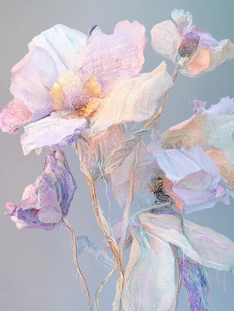 A delicate bouquet of flowers crafted from fabric, resembling a cluster of roses. The fabric is layered to create a soft and ethereal texture, with shades of pink, white, and lavender. The petals are thin and translucent, creating a delicate and romantic look. The stems are long and slender, adding to the overall delicate feel. The background is a soft gray, which emphasizes the beauty of the flowers. The overall composition is simple but elegant, capturing the beauty of nature in a unique and artistic way.