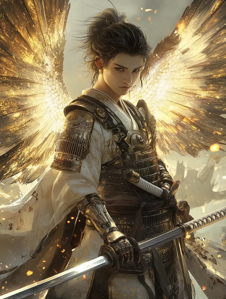 The image depicts a young warrior, clad in ornate samurai armor, with a determined expression. Their long, dark hair is pulled back in a ponytail, framing a face with sharp features. They are adorned with large, golden feathered wings that seem to glow with an inner light. The warrior holds a katana, its blade gleaming, ready for battle. The scene is filled with a sense of power and intensity, hinting at a conflict on the horizon.