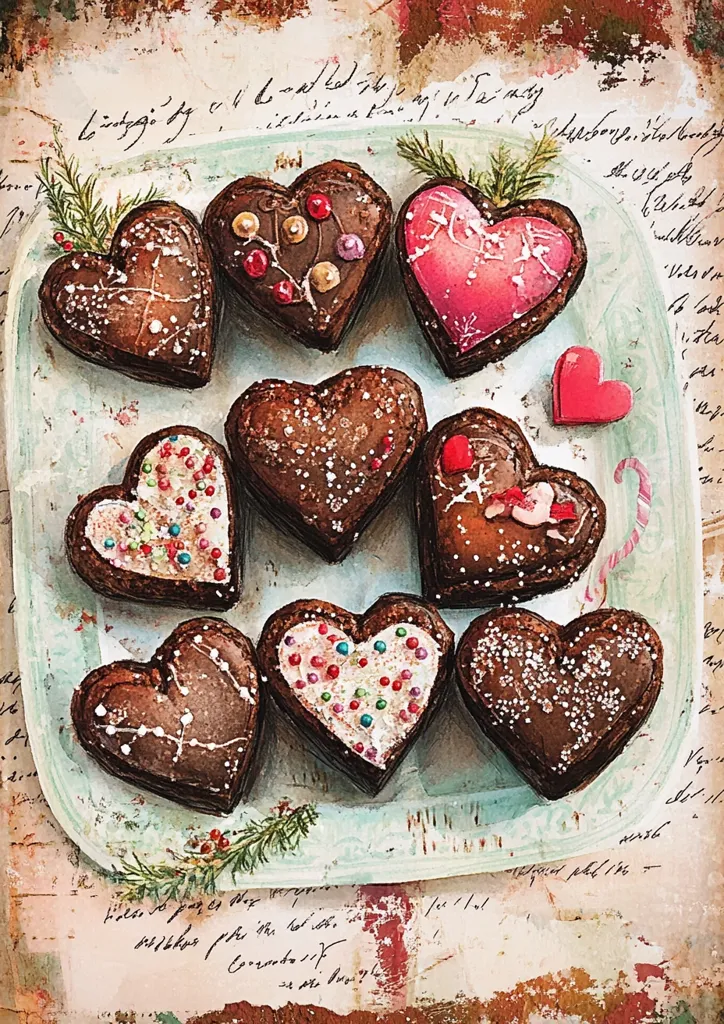 Nine heart-shaped cookies, some decorated with sprinkles and others with white icing, rest on a plate with a distressed background. The cookies are arranged in a loose pattern, and the image has a vintage aesthetic.  The cookies are likely chocolate, and the plate appears to be made of ceramic or china.  The background is filled with handwritten text in a flowing script, further adding to the vintage feel.  Overall, the image is a simple yet charming depiction of a sweet treat with a nostalgic touch.