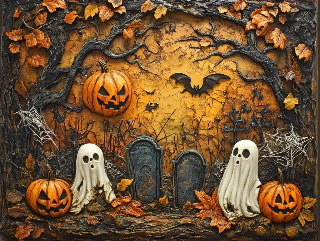 The image depicts a Halloween scene with a spooky and whimsical feel. A gnarled tree branch dominates the foreground, while two ghostly figures stand amidst fallen leaves and pumpkins. The background features a cracked, yellowed surface reminiscent of an old graveyard, with spiderwebs and a flying bat adding to the eerie atmosphere. Tombstones are partially hidden amongst the foliage, suggesting the presence of the dead. The overall impression is one of playful Halloween imagery, with a touch of gothic charm.