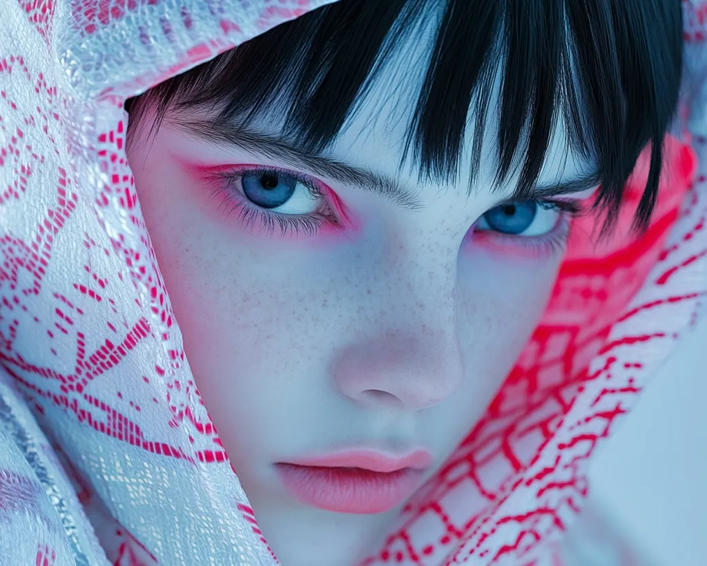 The image shows a close-up of a young woman's face. She has dark hair, blue eyes, and pink lips. She is wearing a white and pink lace scarf that partially covers her face. The image is soft and ethereal, with a slight blue tone. The woman's expression is serious and intense, with her eyes looking directly at the viewer. The lighting is soft and diffused, creating a dreamy atmosphere.