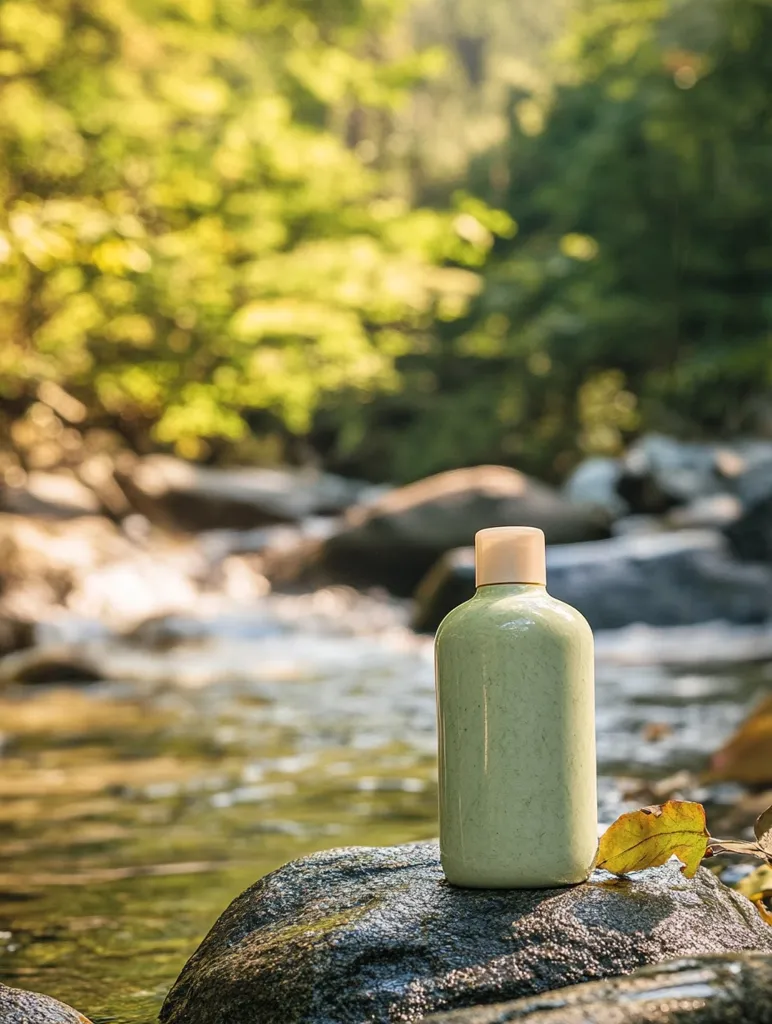 A green bottle of lotion sits on a smooth grey rock near a small, shallow stream. The bottle has a white cap and appears to be made of plastic. The background is a blurry forest scene with green trees and foliage.  The overall scene evokes a sense of peace and tranquility.