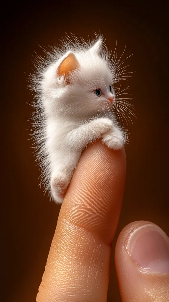 A tiny white kitten with blue eyes is perched on the top of a human finger. The kitten's fur is fluffy and soft, and it has a sweet and innocent expression on its face. The kitten's paws are gripping the finger tightly, as if it is afraid of falling. The background is a blurry brown color, which helps to focus attention on the kitten. The image captures the beauty and fragility of a newborn kitten.