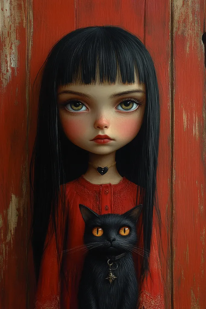 A young girl with long black hair and large eyes stands in front of a red wooden door. She wears a red dress and a black choker necklace with a heart pendant.  A black cat with bright yellow eyes and a star-shaped pendant sits in front of her. The girl has a somber expression. The image is painted in a realistic style with a focus on detail.