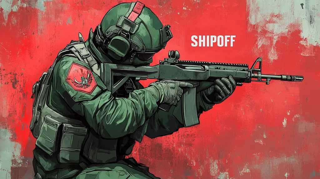 The image depicts a soldier in a green military uniform and helmet holding an assault rifle, aiming at something off-screen. The soldier wears a patch with an eagle on their shoulder. The background is a distressed red and white wall with the word "SHIPOFF" written in bold black letters. The image is stylized, using bold lines and bright colors. The overall tone of the image is intense and action-oriented.