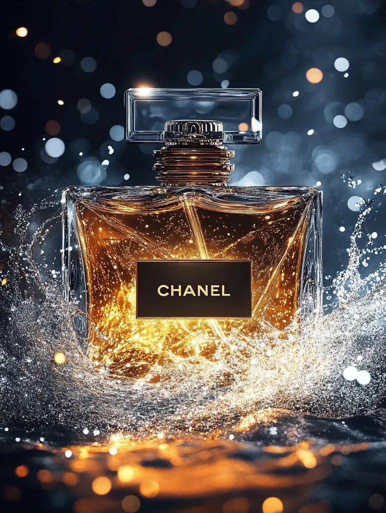 A bottle of Chanel perfume sits in a splash of liquid, resembling a wave crashing on a beach. The bottle is illuminated from within, creating a warm, golden glow. The background features a dark, blurry backdrop with bokeh lights, suggesting a nighttime or evening setting. The overall image evokes a sense of luxury, glamour, and the allure of fragrance.