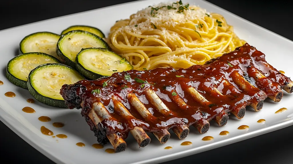 A white plate holds a delicious meal of BBQ ribs, spaghetti, and grilled zucchini slices. The ribs are glazed with a thick, shiny sauce, and the spaghetti is lightly tossed with parmesan cheese. The zucchini adds a fresh, vibrant contrast to the hearty main course. The presentation is simple yet elegant, making this dish an enticing and satisfying choice.