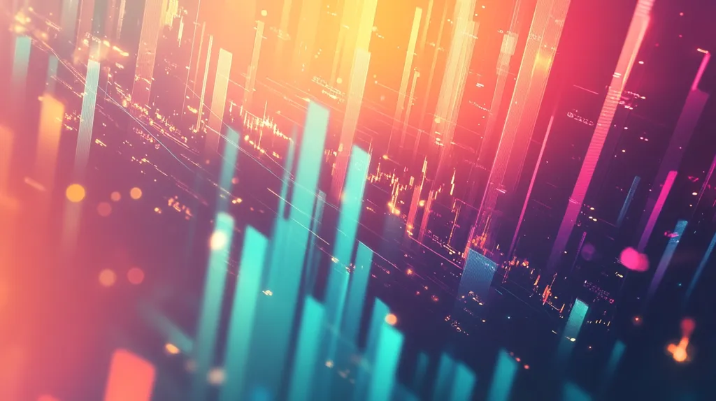 The image depicts a vibrant and abstract pattern of vertical lines in a mixture of bright pink, orange, and blue hues, set against a dark background. The lines are arranged in a seemingly random order, creating an illusion of depth and movement, reminiscent of a futuristic cityscape or a digital landscape. The lines are blurred and have a glowing effect, adding to the ethereal and dynamic nature of the composition.