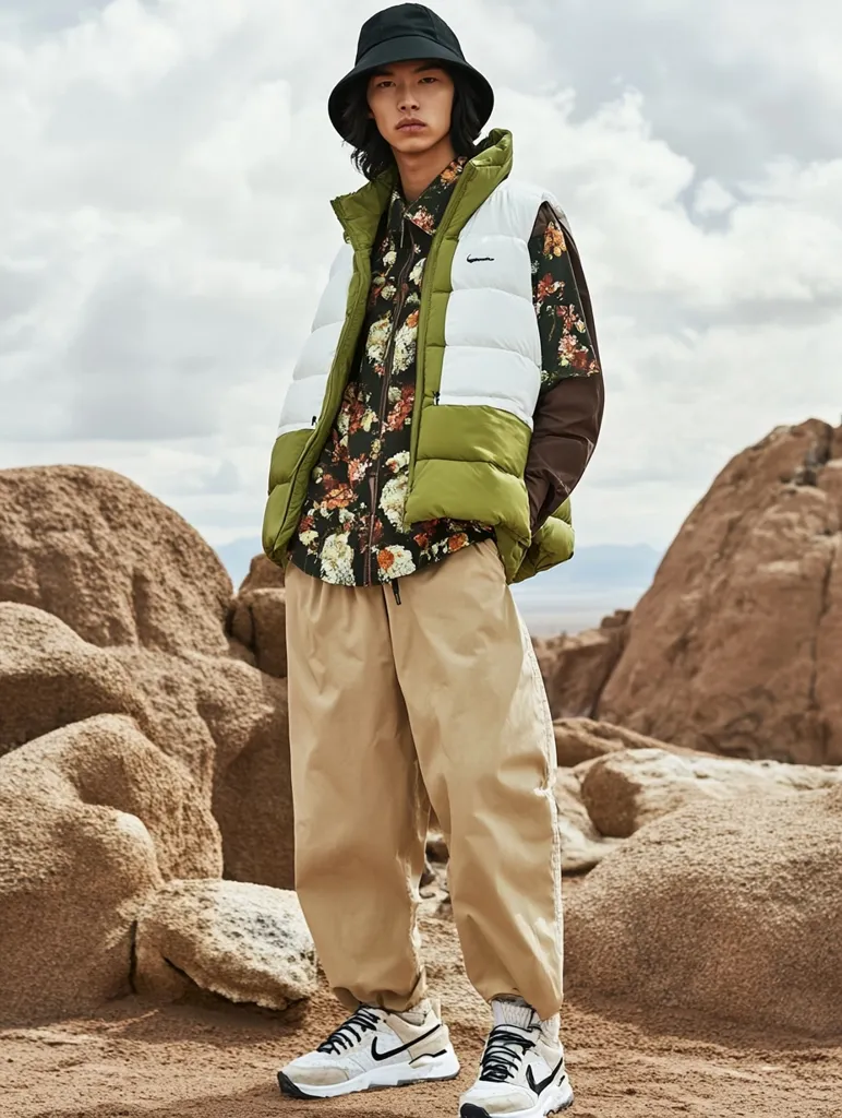 A young man stands in a desert landscape, wearing a white and green puffer vest over a floral shirt, khaki pants, and white sneakers. He is wearing a black bucket hat and has long dark hair. The image is shot from the waist up, with the man's face in focus and the background blurred. The rocky landscape is a mix of browns and whites, with a cloudy sky above.