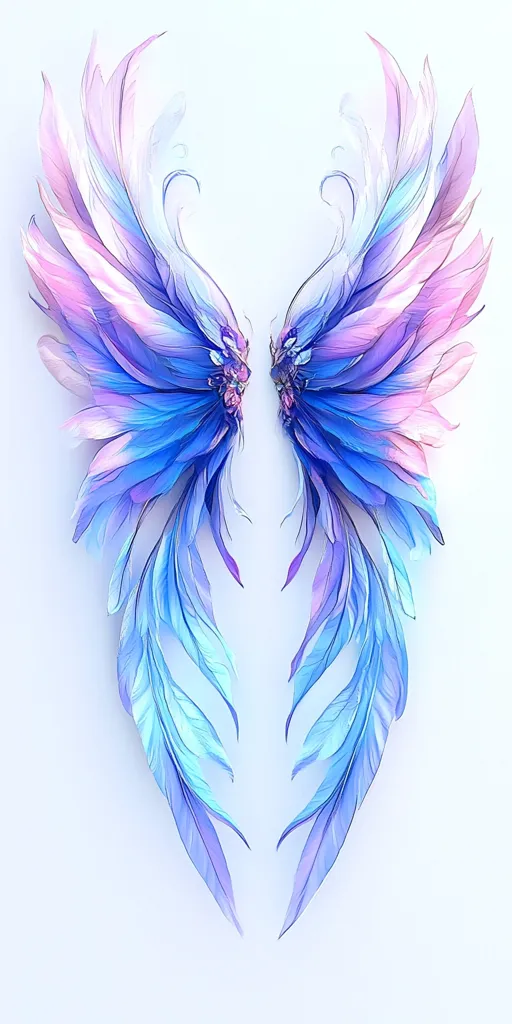 A pair of delicate, feathery wings are depicted, with a gradient of pink, blue, and purple hues. The wings are symmetrical and intricately detailed, resembling a butterfly or an angel's wings. The light background adds to the ethereal and whimsical aesthetic of the artwork.