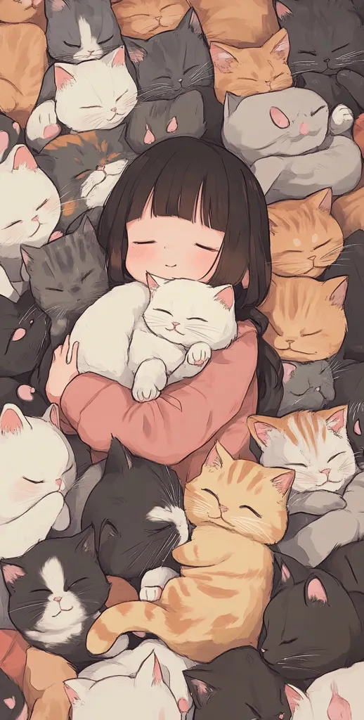 A young woman with long black hair is surrounded by a multitude of adorable cats. She cradles a white cat in her arms, while the others are sprawled around her, napping contentedly. The scene is a delightful blend of soft colors and fluffy textures, creating a cozy and heartwarming image of companionship. The expression on the woman's face is one of pure joy, reflecting the happiness she finds in the furry embrace.