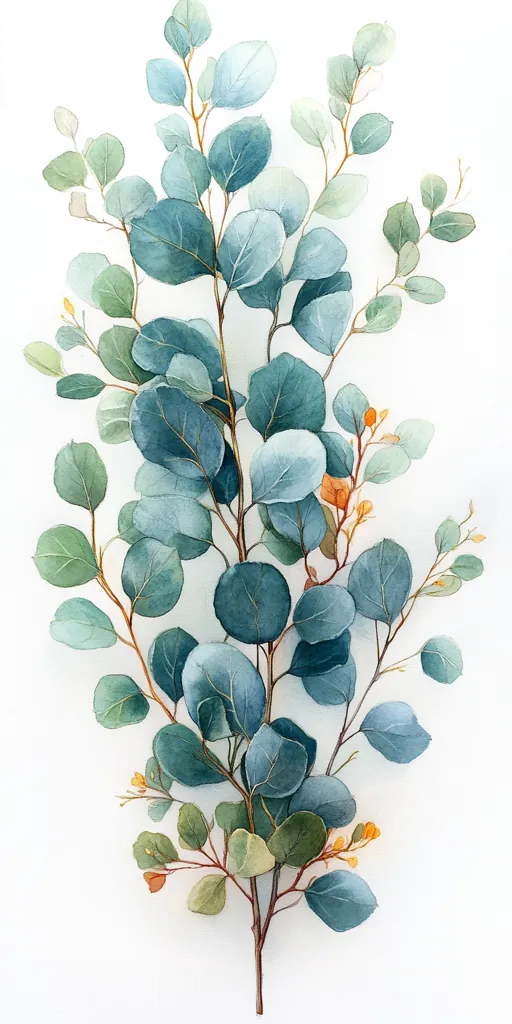 A watercolor painting of a eucalyptus branch with delicate blue-green leaves, small twigs, and a few tiny orange flowers. The branch is depicted against a white background, creating a simple and elegant botanical illustration. The painting captures the delicate beauty of nature.