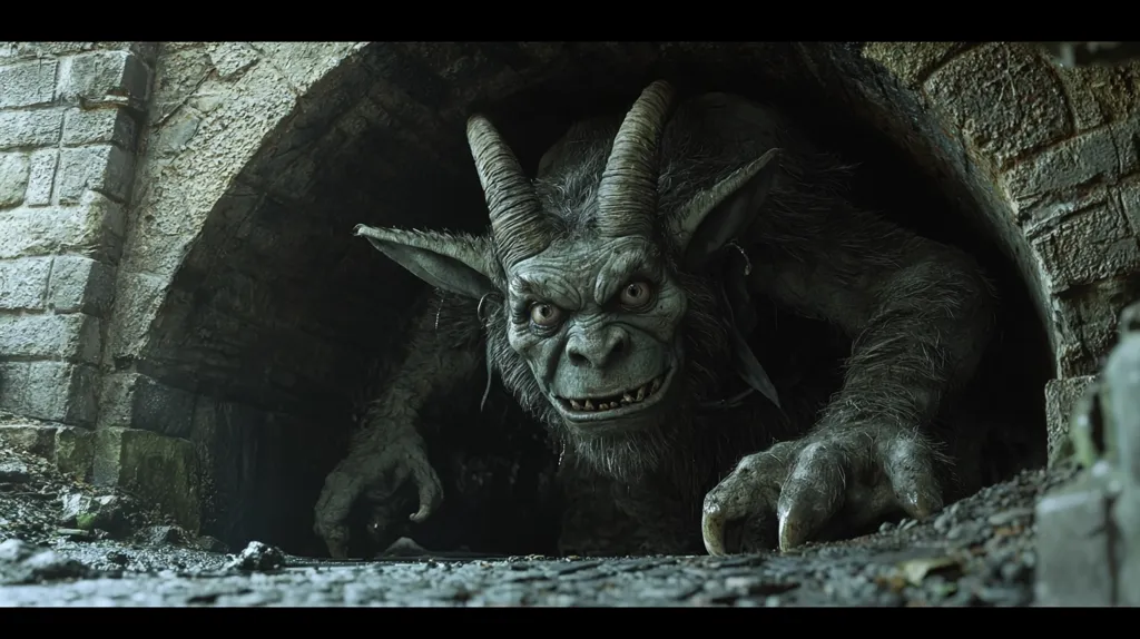A grotesque creature with large horns, sharp claws, and a menacing grin emerges from a dark, stone archway.  Its fur is matted and dirty, and its eyes gleam with malevolence. The creature's body is partially obscured by shadows, adding to its sinister aura.