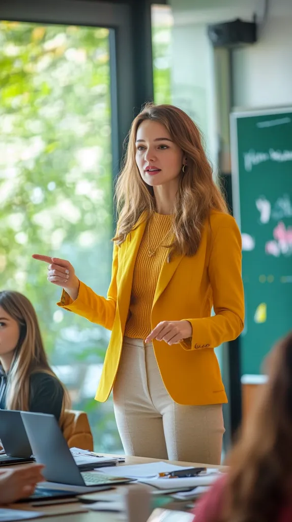 A woman in a bright yellow blazer and white pants is standing and speaking to a group of people. She is gesturing with her left hand, and her right hand is on her hip. The room is brightly lit, and there is a large window to the left. A green chalkboard is visible behind the woman.