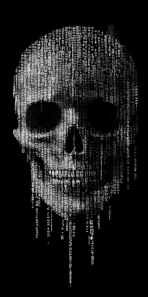 The image is a skull created using a pattern of white numbers and symbols on a black background. The skull is stylized with the numbers and symbols forming the outline of its shape, including its eye sockets, nose, and jaw. The effect is abstract and visually impactful, representing the potential danger of technology or the digital world.