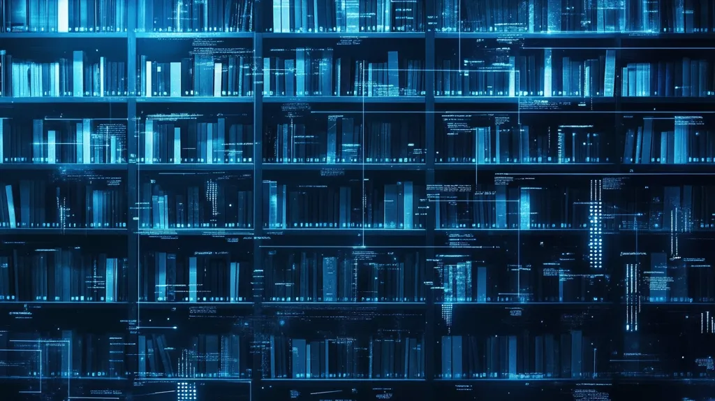 The image shows a bookshelf filled with books. The books are illuminated in a bright blue light and the shelves are dark. Overlaying the image is a layer of digital code in a blue, pixelated font. This creates a striking visual contrast between the physical books and the digital code.