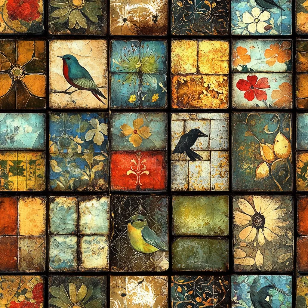 The image is a colorful mosaic of square tiles, each depicting a different image, creating a whimsical and eclectic pattern. The tiles feature birds, flowers, leaves, and abstract designs. The colors are rich and varied, with shades of blue, green, red, yellow, and brown predominating. The tiles are arranged in a grid pattern, creating a sense of order and repetition. The overall effect is one of vibrancy and creativity.