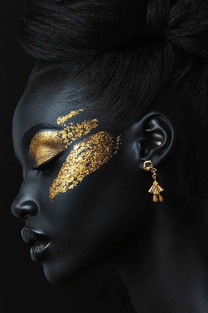 The image shows a close-up of a woman's face, with black skin and hair styled in a high bun. The image is in black and white, with the exception of a gold glitter design on the woman's cheek, and gold earrings in her ear. The lighting is dramatic, creating a sense of mystery and intrigue. The woman's expression is stoic, and her eyes are closed. The overall effect of the image is one of elegance and strength.