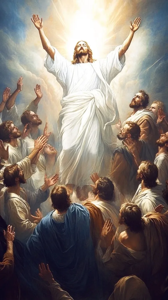 A painting depicting the ascension of Jesus Christ into Heaven. Jesus is in the center, clothed in white, his arms raised towards the sky. He is surrounded by a group of his disciples, their faces filled with awe and wonder as they look up at him. Light radiates from Jesus, illuminating the scene. The sky is filled with clouds, creating a sense of majesty and divinity.
