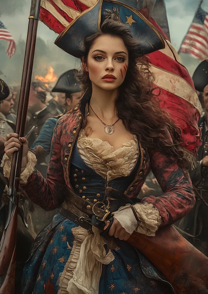 A woman in a red and blue military-style dress and a tricorn hat holds a musket and stands in front of an American flag. She has long dark hair and wears a necklace with a circular pendant. Her eyes are intense and focused, and she appears ready for battle. In the background, other soldiers are visible, creating a sense of chaos and tension. The scene evokes a sense of patriotism and strength.