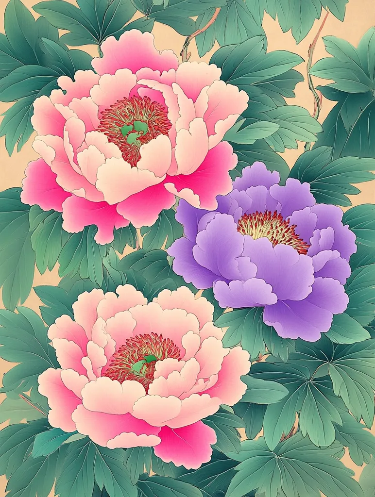 The image is a traditional Japanese painting depicting three large peonies, one pink, one white with pink edges and one lavender, blooming amidst lush green leaves on a light beige background. The peonies are intricately detailed, with delicate petals and contrasting colors. The leaves are rendered with a realistic style, showing their veins and textures. The painting is a celebration of the beauty and vibrancy of nature.