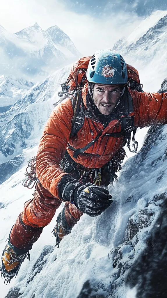 A climber, wearing an orange jacket and a blue helmet, scales a snow-covered mountain.  The climber is gripping the icy rock face with one hand, while the other hand is raised as if to check the terrain ahead. In the distance, a vast, snow-capped mountain range stretches across the horizon.  The image conveys a sense of determination, risk, and the awe-inspiring beauty of nature.