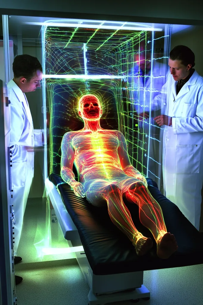A man in a white lab coat watches a glowing, translucent human-like figure lying on a table within a brightly lit, futuristic chamber. The figure is outlined with neon green, red, and yellow lights, highlighting the body's internal structures.  The scene suggests an advanced medical or scientific experiment.  Another man stands beside the chamber, observing.  The room is sterile and technologically advanced.