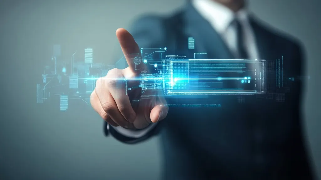 A man in a suit is using his index finger to interact with a glowing blue digital interface. The interface is filled with lines and shapes, resembling a circuit board, and has a rectangular box in the center filled with blue code. The man's hand is extended towards the interface, with his fingertip hovering over the screen, symbolizing a connection between the physical and digital world. The image suggests a concept of technology and innovation, where individuals are able to manipulate and control digital systems with their hands.