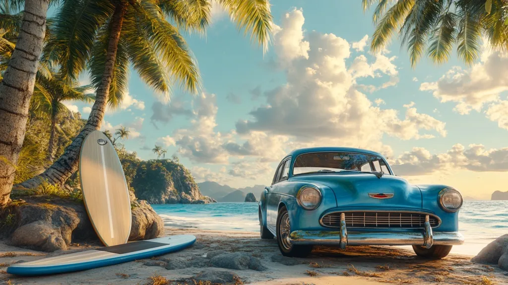 A classic blue car sits parked on a sandy beach, bathed in the warm glow of a tropical sunset. Palm trees sway gently in the breeze, their shadows stretching across the white sand. A surfboard leans against a large rock, awaiting its next adventure in the turquoise ocean. The scene evokes a sense of relaxation and carefree summer days.
