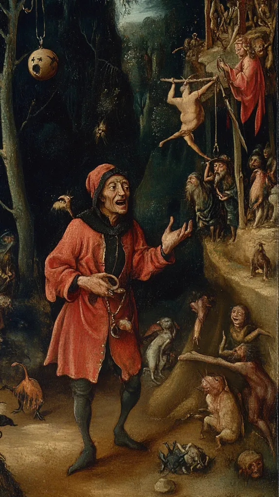 A man in a red hooded cloak stands in a dark, fantastical forest. He holds a ring in his hand and seems to be yelling. Surrounding him are strange creatures, including a man hanging upside down by his feet, a group of dwarves, and a variety of animals. The scene is filled with an eerie, otherworldly atmosphere.