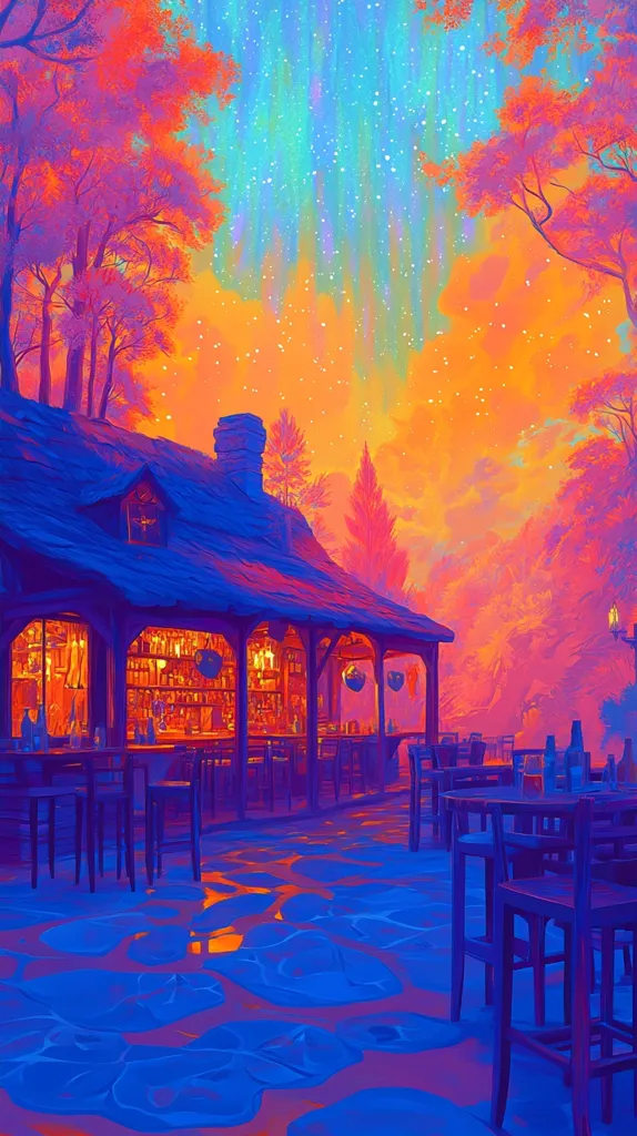 A quaint wooden bar with a thatched roof sits in a clearing surrounded by vibrant trees. The sky above is ablaze with a swirling mix of orange, pink, and blue, dotted with glittering stars. The bar's exterior is lit with warm light, and the tables and chairs are empty, hinting at a peaceful and inviting atmosphere. The floor is awash in an ethereal blue, adding to the dreamlike quality of the scene.  The painting captures a moment of serenity and tranquility in a fantastical setting.