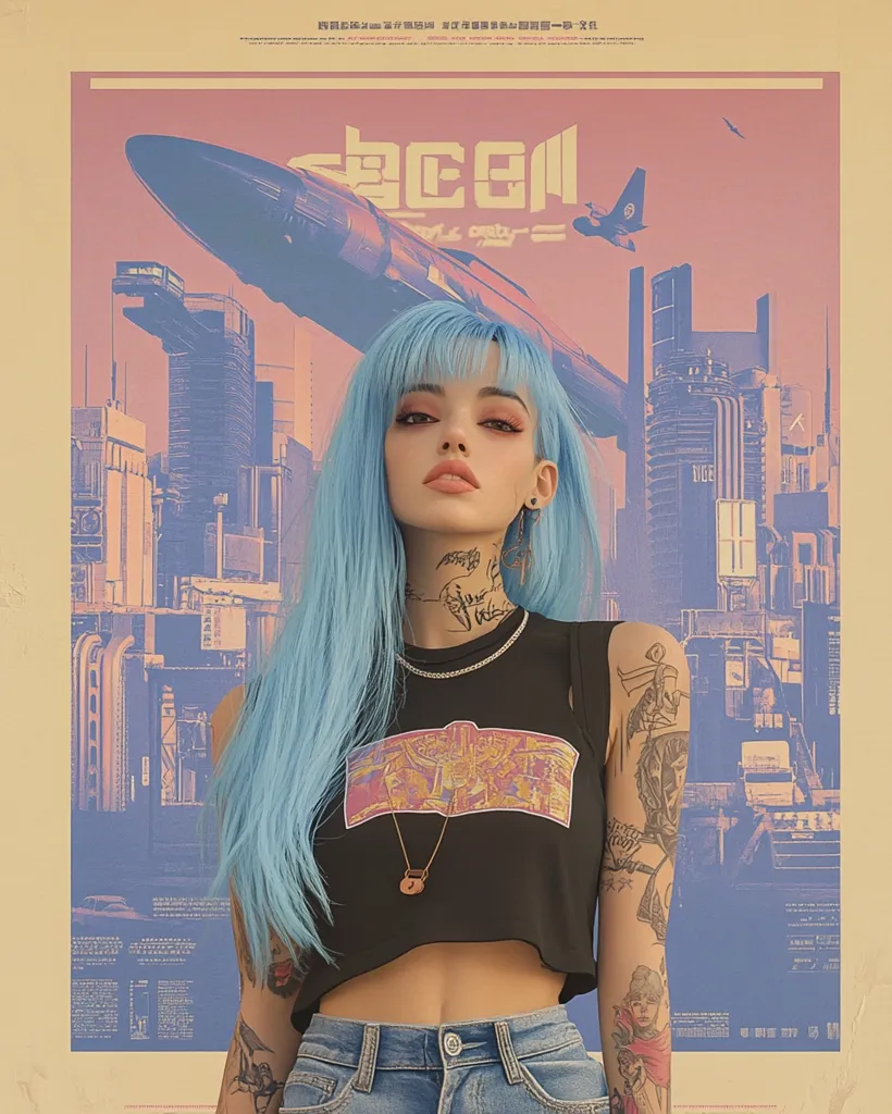 A young woman with long, bright blue hair is standing in front of a futuristic cityscape poster. She is wearing a black tank top with a colorful graphic, a silver chain with a padlock pendant, and jeans. The poster features a large spaceship flying over the city, which is rendered in a retro, 8-bit style. The image has a vaporwave aesthetic.