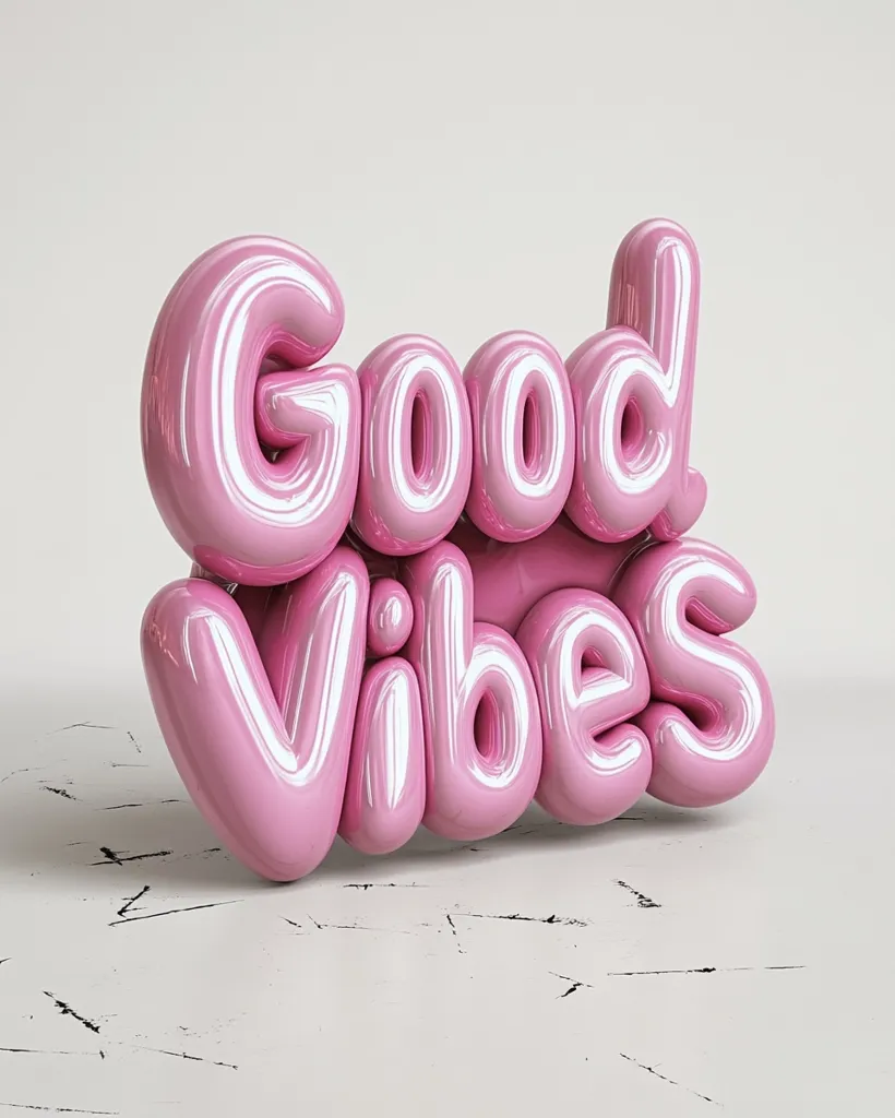 The image features the phrase "Good Vibes" rendered in large, shiny, pink, balloon-like letters. The letters are slightly distorted, as if they were inflated, and the word "good" is positioned above the word "vibes." The letters cast a slight shadow on the white background, which has a subtle texture of faint, black lines.