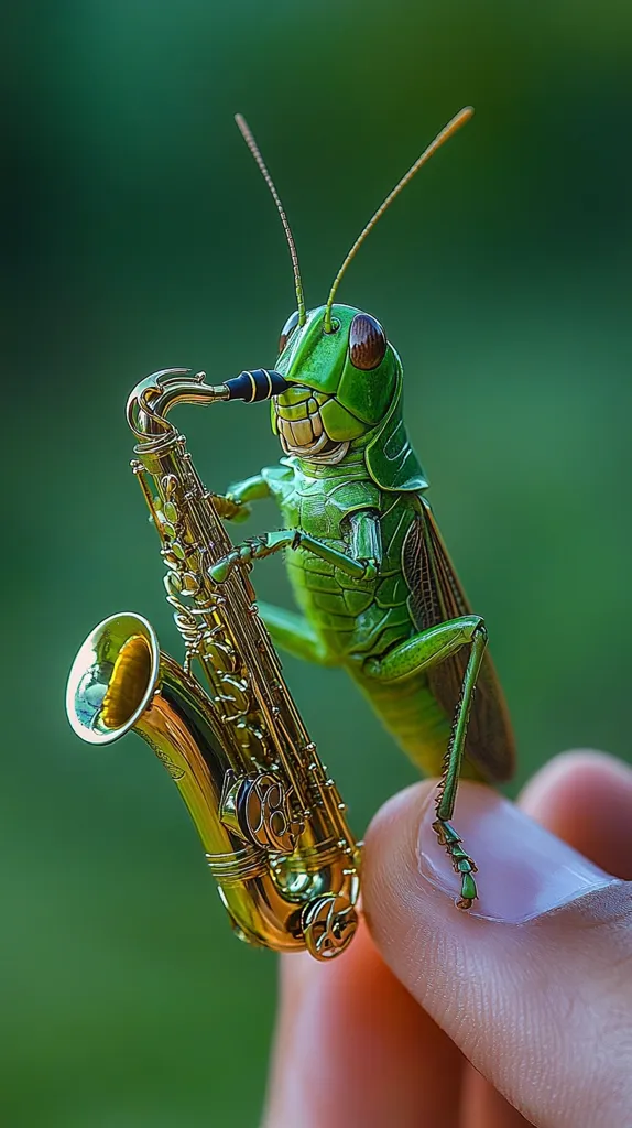 A green grasshopper sits perched atop a golden saxophone. Its long antennae and large, round eyes are visible. The grasshopper's legs are curled around the saxophone, as if it were playing it. The saxophone is held by a hand, which is partially visible in the background. The image is a humorous and whimsical depiction of a grasshopper playing a musical instrument.