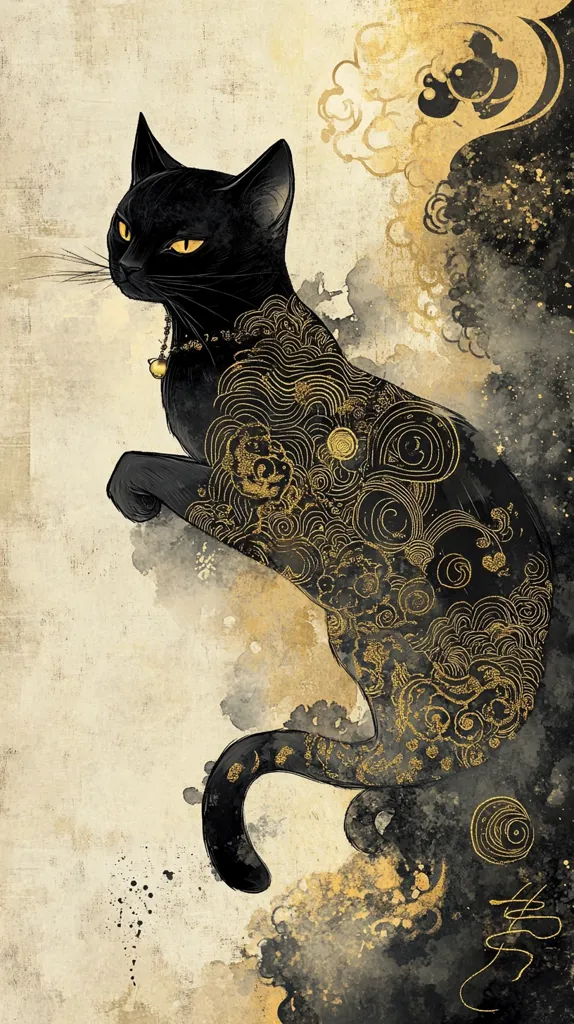 The image depicts a black cat with intricate gold markings, resembling a Japanese tattoo. The cat is positioned against a pale gold background with splashes of darker ink, creating a dramatic contrast. The gold markings on the cat form a complex pattern of waves and swirls, evoking a sense of movement and fluidity. The overall composition creates a mystical and artistic aesthetic.