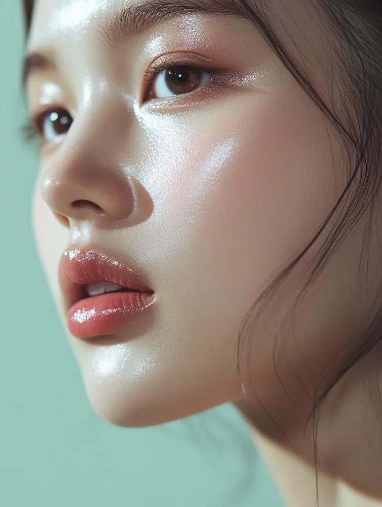 A close-up image of a woman's face, highlighting her flawless, dewy skin.  Her eyes are accentuated with soft, shimmery makeup, and her lips are coated in a glossy pink hue. The light catches on her skin, creating a radiant glow that emphasizes her beauty. Her dark hair frames her face, adding depth and mystery to the portrait.