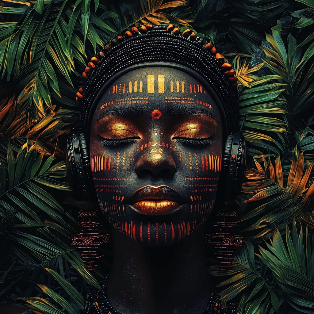 The image shows a close-up of a woman's face with her eyes closed. She is wearing a black headband with beads and a pair of black headphones. Her face is painted with black, red, and gold geometric patterns. She is surrounded by lush green foliage, creating a sense of tranquility and connection to nature. The image is visually striking and evokes a sense of mystery and beauty.