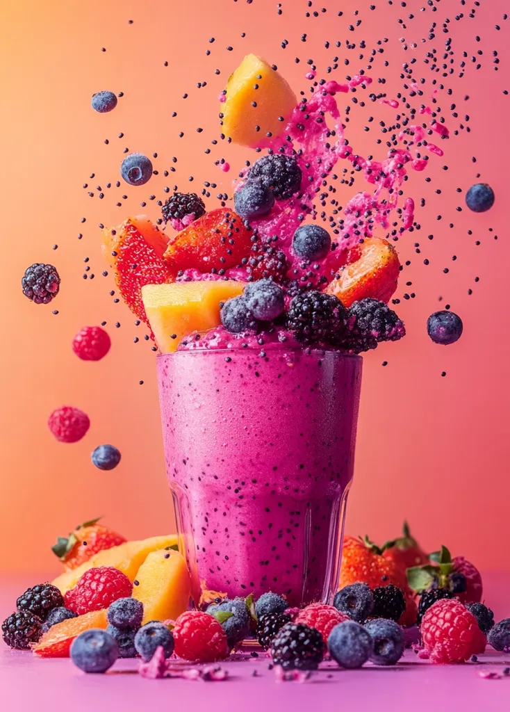 A glass of pink smoothie sits in the center of a colorful explosion of fresh fruit.  Strawberries, cantaloupe, raspberries, and blueberries surround the glass, along with a scattering of seeds.  The background is a vibrant orange-pink.  The image is a celebration of fresh, vibrant flavors and textures.