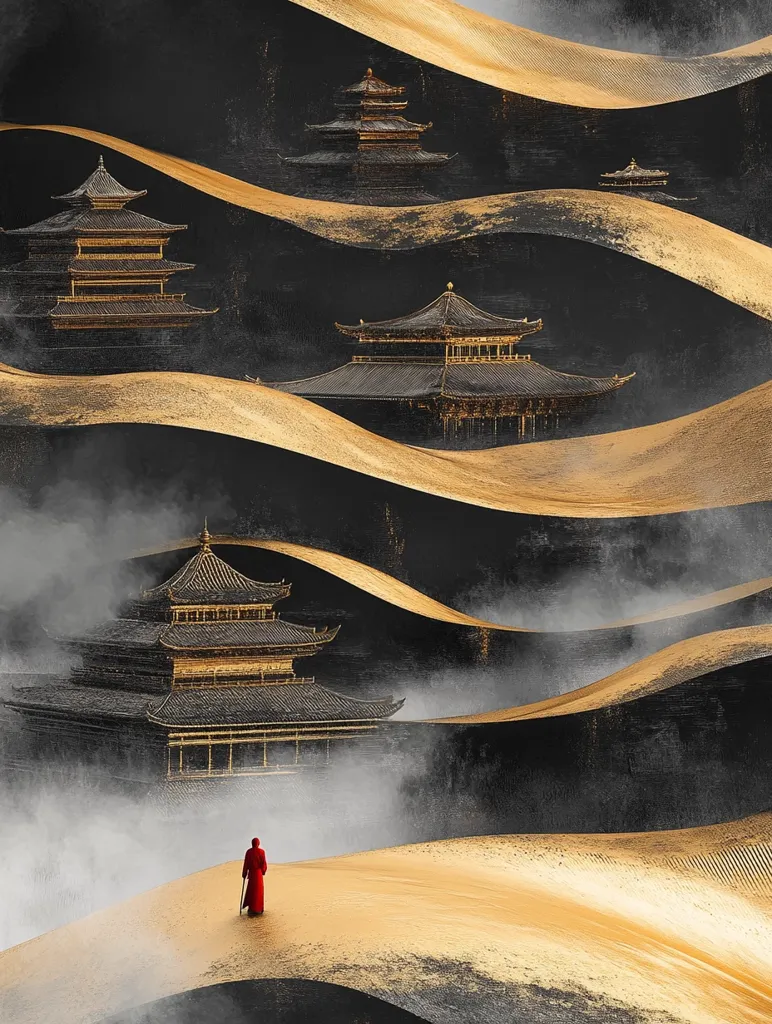 The image depicts a mystical landscape with several ornate, black temples nestled within undulating, golden hills.  A lone figure, clad in red, walks along a winding path. The scene is shrouded in mist, adding an ethereal and dreamlike quality. The stark contrast between the black and gold creates a captivating visual experience.  The overall impression is one of serenity and solitude, inviting the viewer to explore the hidden depths of this fantastical world.