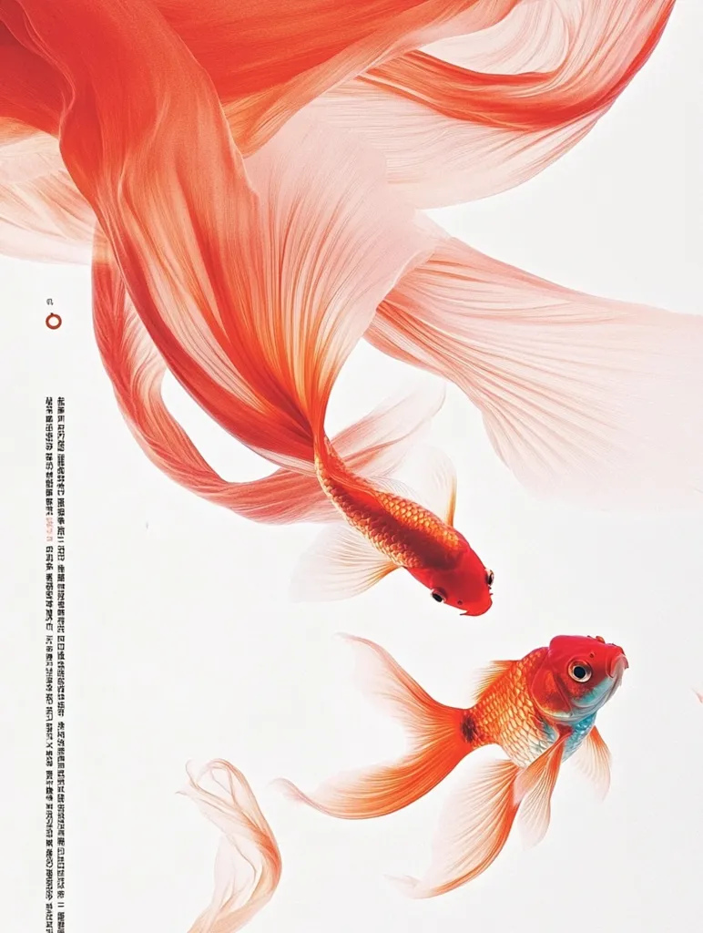 Two goldfish, with bright orange and white scales, swim gracefully in a white background. The tails of the fish are flowing and elegant, reminiscent of soft fabric. One fish is positioned above the other, creating a dynamic and harmonious composition. The image is simple yet captivating, with a delicate beauty that captures the essence of the fish's movement.