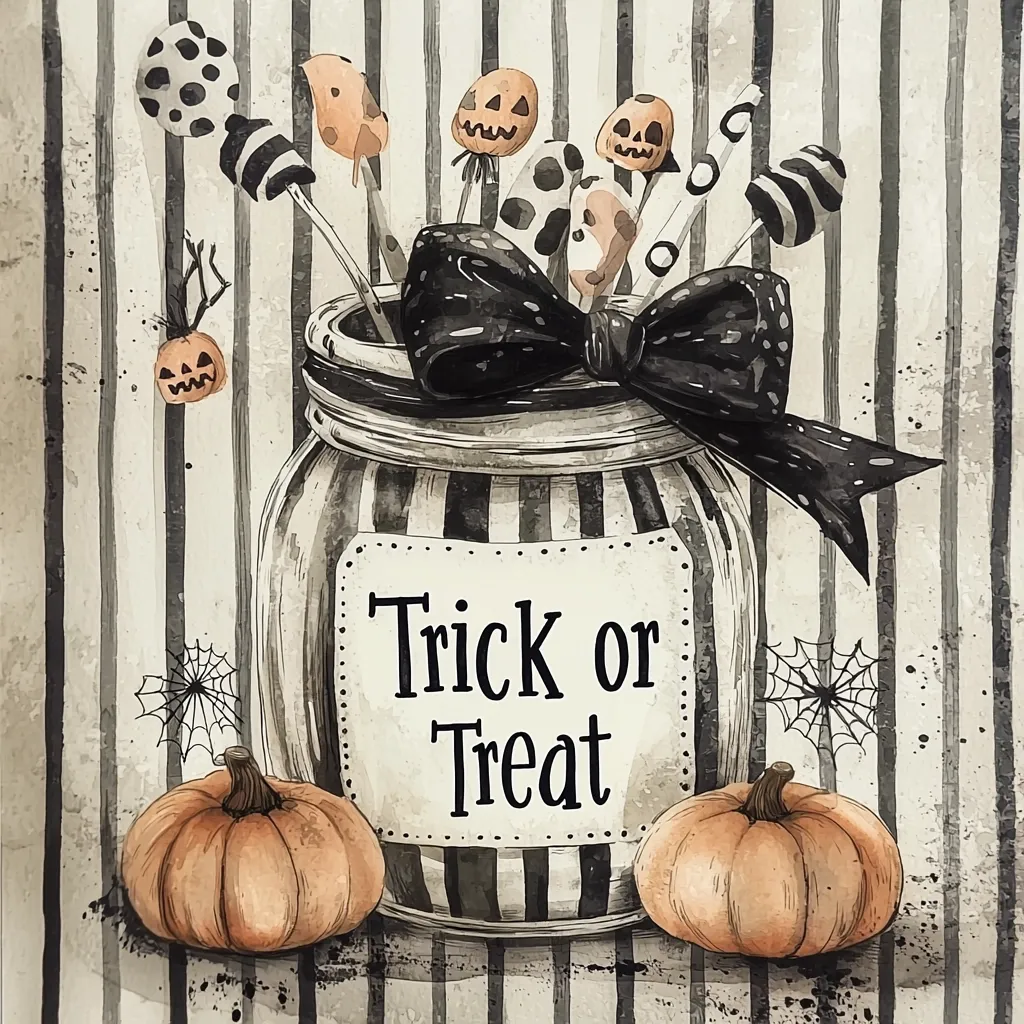 A watercolor illustration depicting a Halloween-themed scene. A striped glass jar with a black bow is filled with various Halloween-themed treats, including candy corn, pumpkins, and lollipops with spooky faces. The jar is labeled \