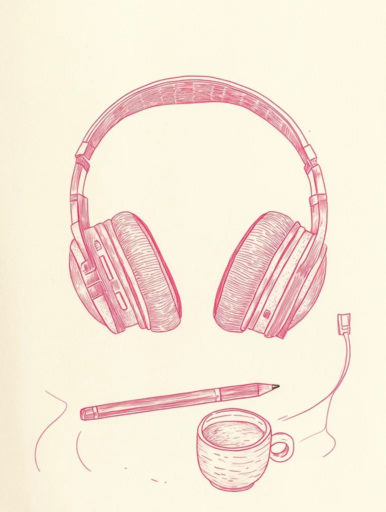 A hand-drawn illustration in pink depicts a pair of headphones, a pencil, and a cup of coffee. The headphones have a thick headband and large earcups. The pencil is lying on the table next to the cup of coffee. The illustration is made with fine lines and is very detailed.
