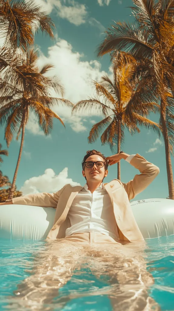 A young man in a white shirt and tan suit relaxes on a white inflatable raft in a clear blue pool. He wears black framed glasses and leans back with his hand behind his head. Lush palm trees frame the scene, creating a tropical paradise. The sky is a bright blue with fluffy white clouds, enhancing the summery ambiance. The image evokes a sense of peace and carefree enjoyment.