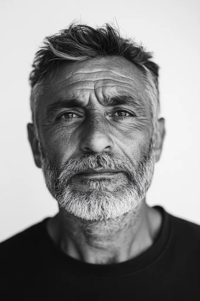 A man with a salt-and-pepper beard stares intently at the camera. His face shows the marks of time, with wrinkles around his eyes and mouth. His expression is serious, and his eyes hold a depth of experience. The black and white photograph captures a moment of quiet contemplation.