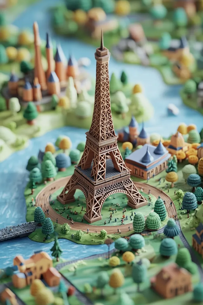 A miniature model of the Eiffel Tower stands proudly in a papercraft cityscape. The tower is intricately detailed, with its iconic structure rising high above a green and blue landscape. Tiny, stylized figures walk amongst the trees and buildings, adding a sense of life to the scene. The model is meticulously crafted, showcasing the artistry and attention to detail of the creator.