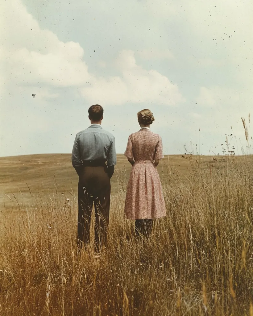 A man and woman stand in a field of tall grass, looking out at the horizon. The man is wearing a blue shirt and brown trousers, and the woman is wearing a pink polka dot dress. The sky is a pale blue with a few fluffy clouds. The overall tone of the image is peaceful and serene. The couple's backs are turned to the camera, suggesting they are lost in their thoughts.  The setting creates a sense of openness and possibility.